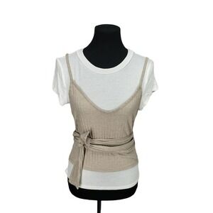 Rabbit Rose Womens Two-Piece Set White Tee & Beige Ribbed Wrap Tank Top S